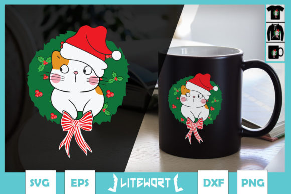 Christmas Wreath Cat with Santa Hat